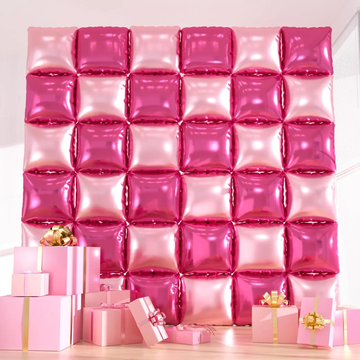 36pcs Glossy Hot Pink Square Foil Balloons - Double-Sided Magenta Mylar Balloons for Photo Backdrop, Bachelorette Party, Home Festive Decor