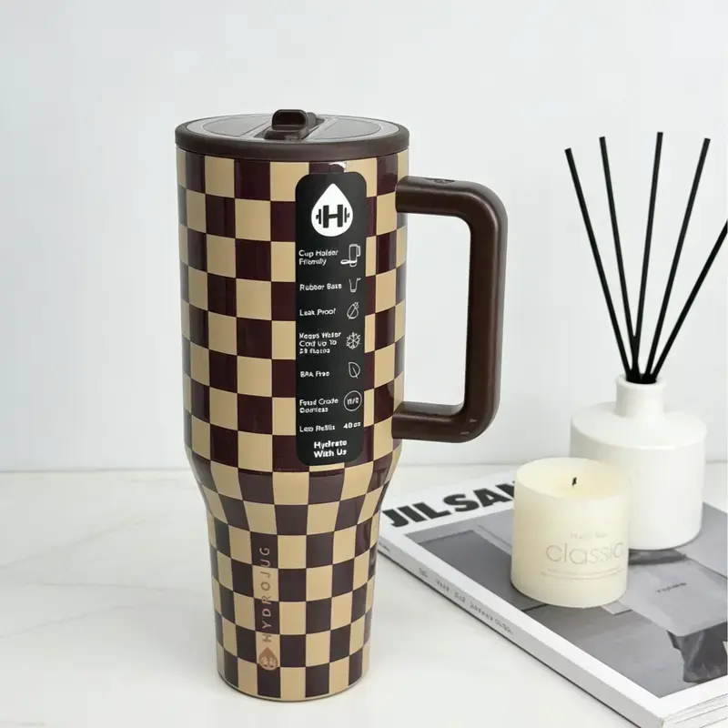 HydroJug 40oz Insulated Vacuum Flask - Portable, Stylish Minimalist Dark Brown & Beige Plaid Tumbler with Effective Insulation, Ideal for Commuting & Outdoor Activities