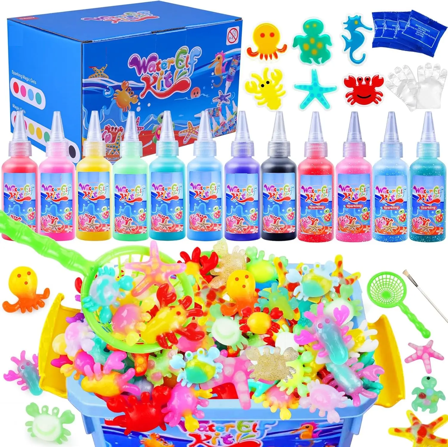 Magic Water Elf Sensory DIY Craft Toy Kit - 20 Gels, 10 Molds, Squishy Water Pets, Educational Science Toy, Party Favors & Gifts for Kids Ages 3+ Diy Material Drawing Art Supplies Acrylic Brush Markers