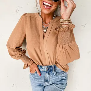 Straw Yellow Solid Color Shirred Cuff Notch V Neck Blouse