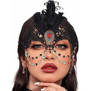Masquerade mask for women sexy black lace mask costume feather crystal party masks