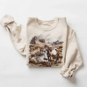 Retro Wild Horses Desert Canyon Fall Scene Sweatshirt - 90's Vintage Horse Lover Gift Boho Unisex Pullover Cotton