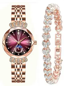 Luxury Women's Diamond Cut Crystal Watch Set, Shiny Zircon Bracelet, Elegant Stainless Steel Water-Resistant Moon Star Design Gift