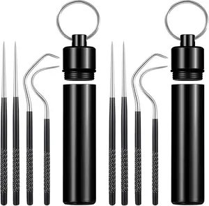 Portable Titanium Toothpicks Pocket Set  Metal Stainless Steel Toothpicks with Holder for Outdoor Picnic and Camping (Black,2 Sets)