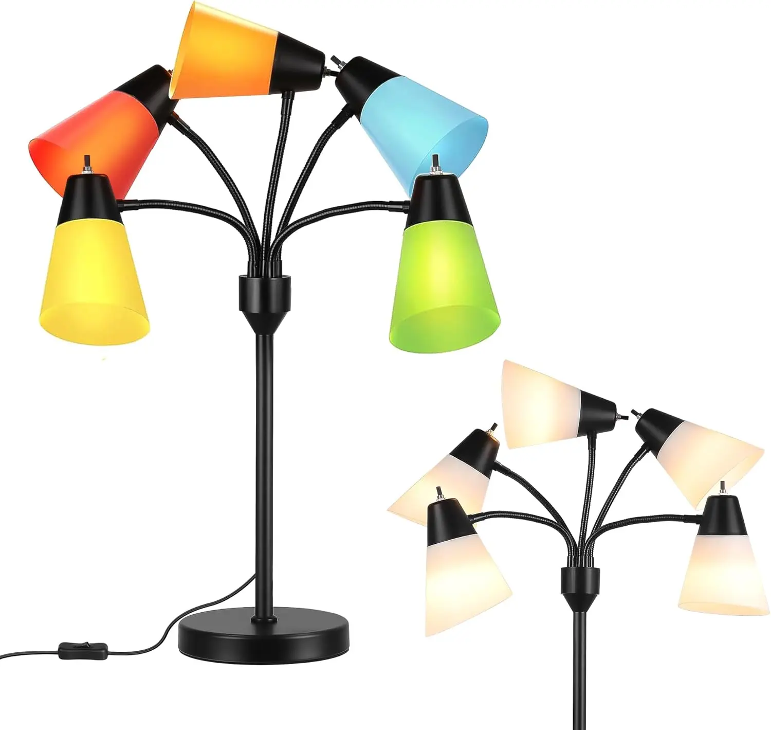 Tree Table lamp, Multi Head Medusa 5 Light Adjustable Gooseneck Corner Lamp, Rustic Kids Bedside Reading Lamp with Fun Light Multicolored Shades for Bedroom, Living Room, Office, STR-DL-0027