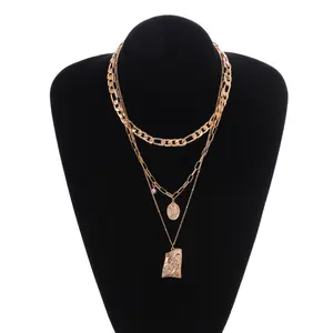 Vintage Layered Necklaces for Women, Chunky Cuban Link Choker with Pendant, Gold Plated Multi Layer Stackable Necklace,