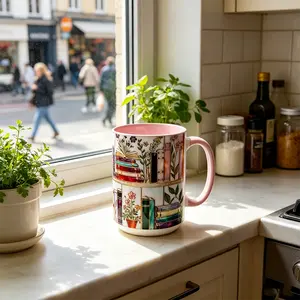 Stained-Glass Design 15oz Mug, Floral Bookshelf Mug, Book Lover Gift, Bookish Mug, Library Cup, 11oz Tea Cup, Large Ceramic Mug, Coffee Mug, Gift for Friends, Kitchen Drinkware