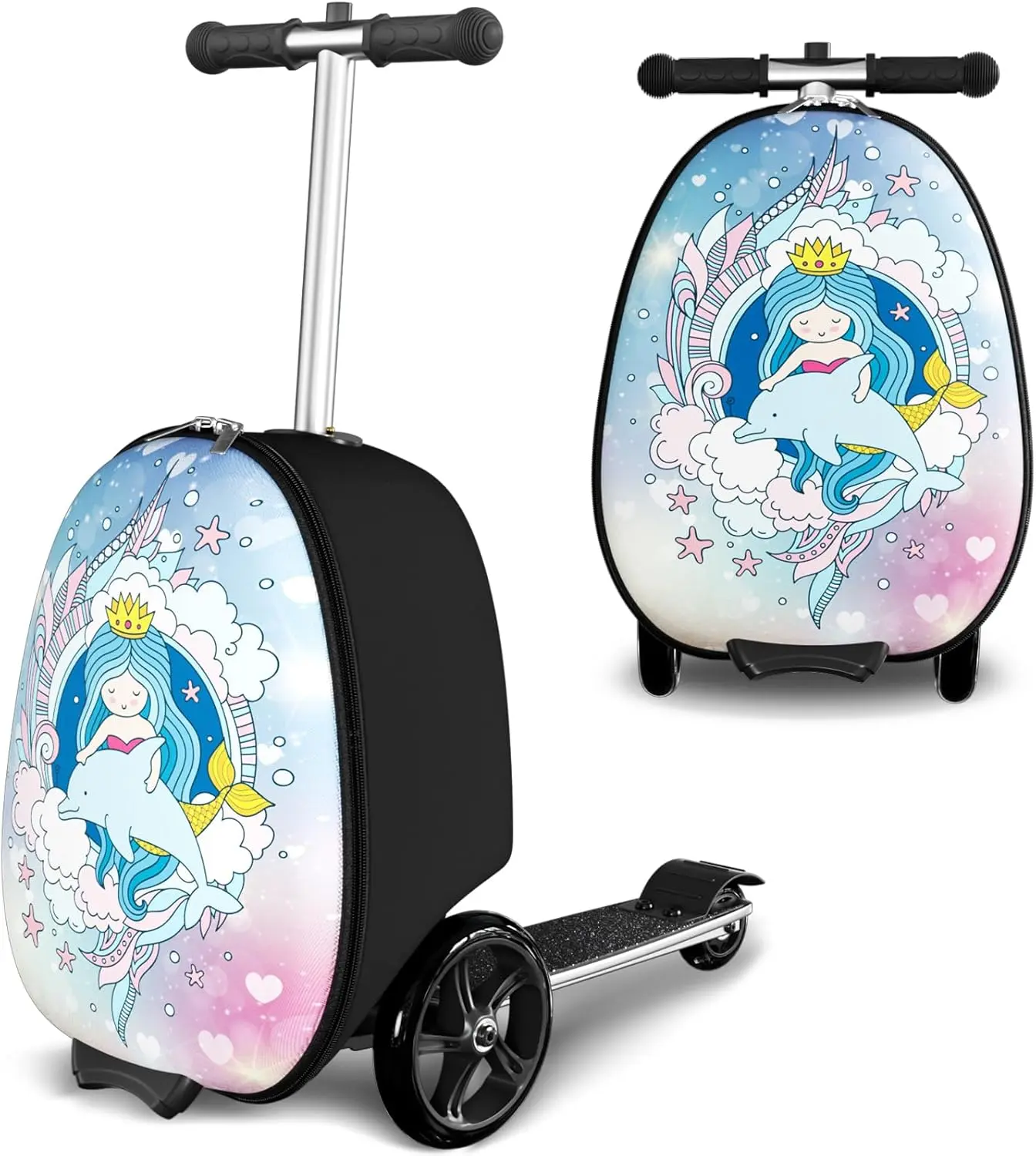 Baotree Unisex Kids' 2-in-1 Ride-On Scooter Suitcase with Flash PU Wheels, LED Lights, Adjustable Handle, TPR Non-Slip Grip, Foldable Lightweight EVA Shell, Playful Look, for 5-12 Years