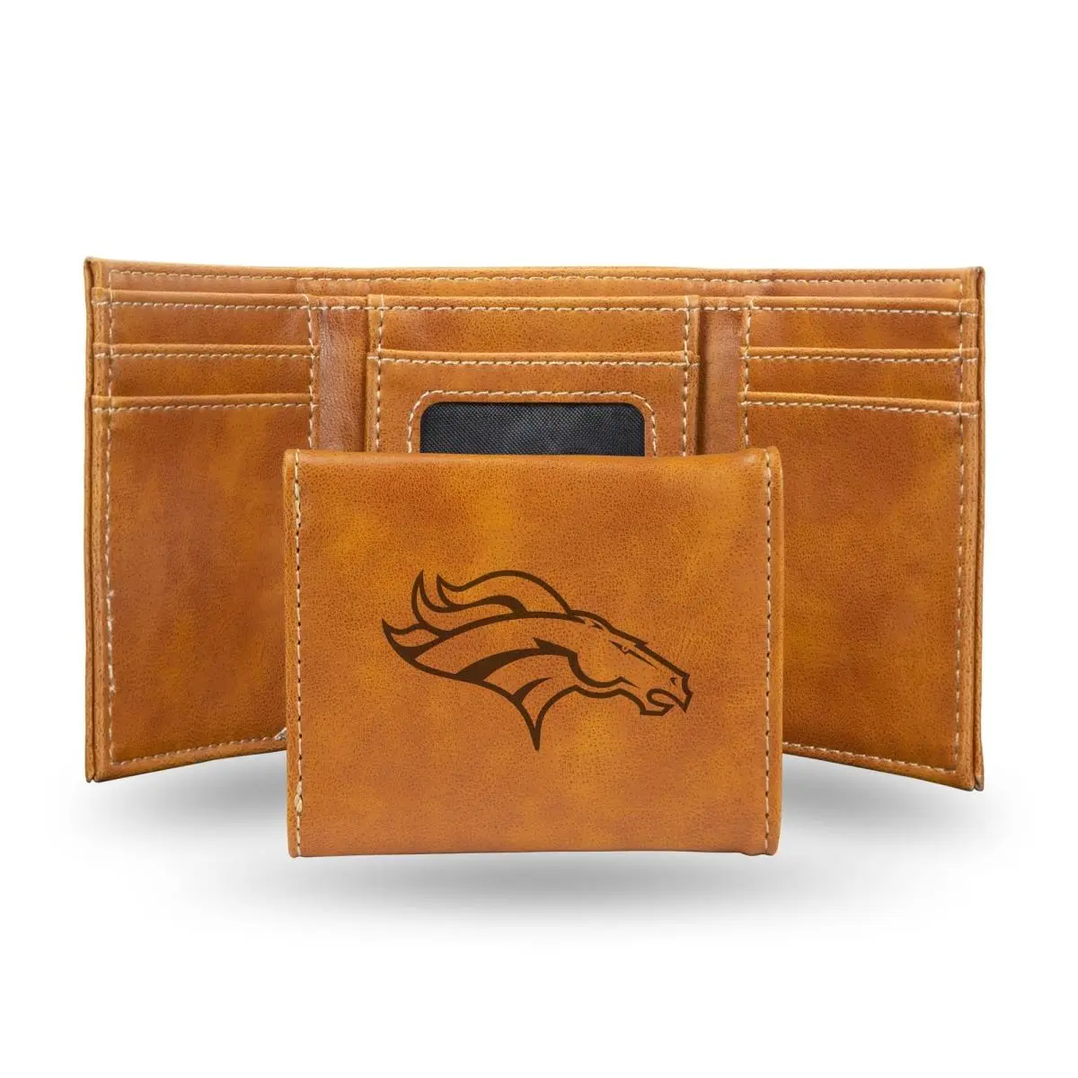 212 MAIN Men's NFL Denver Broncos Brown Faux Leather Laser-Engraved Trifold Wallet, Business Style, Fashionable, with Black Logo, Business Style Wallet, Fashionable Wallet, Collectible Item