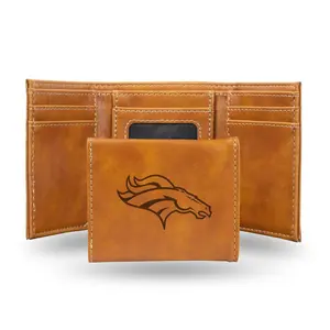 Rico  NFL Denver Broncos Brown Faux Leather Laser Engraved Trifold Wallet with Black Logo