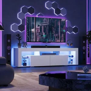 White Modern Wood TV Stand with LED Lights, 65-70 Inch Entertainment Center with 2 Large Storage Drawers, Multi-Functional Stable Media Console, Minimalist TV Cabinet for Living Room Home Decor