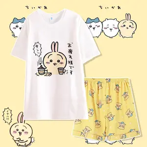 Anime Usag Hachiware Summer thin pajamas round neck Loose long-sleeved shirt and pants Cute cartoon pattern household clothes