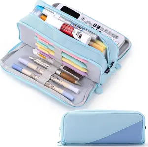 Big Capacity Pencil Case 3 Compartments Pen Pouch Bag Multifunctional Organizer for School Office, Haze Blue