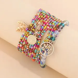 3pcs/set Bracelets for Women Handmade Multicolor Beaded Layered Charm Bracelet Set, Tree of Life Bohemian Wrap Stackable Bracelets, Stackable Boho Jewelry for Women, Summer Beach Accessory Gift  Vacation Daily Wear