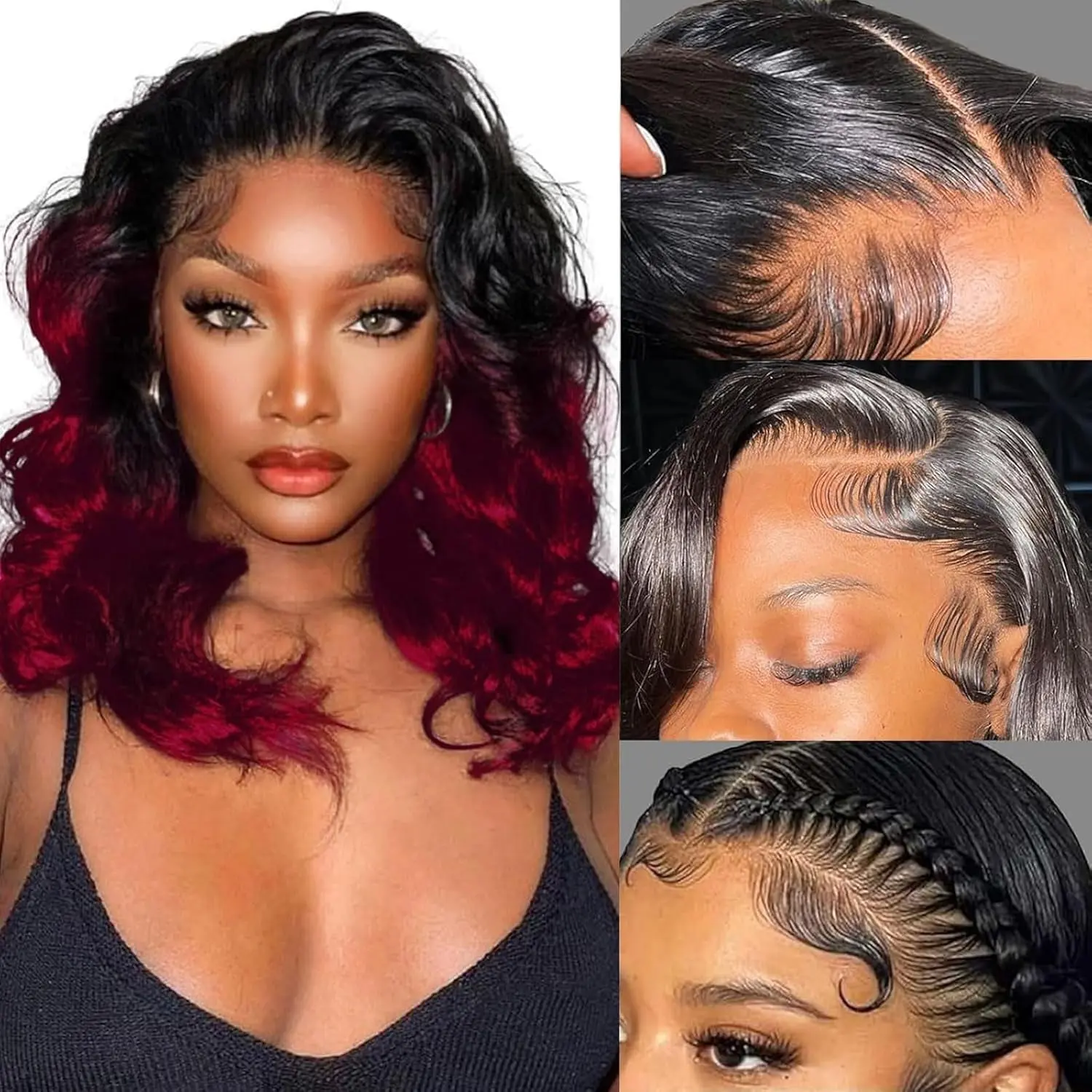 Women's 18-Inch 12A Human Hair Wig, 13X4 HD Transparent Lace Front & 360° Full Lace, Pre-Plucked Body Wave with Baby Hair, Glueless Ombre Tt1B/Bug (Black Red) Ocean Wave Wig, Glueless Wigs