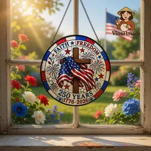 Faith Freedom Stained Glass Suncatcher, Cross with American Flag Window Hanging, 250 Years USA Decor, Christian Patriotic Suncatcher