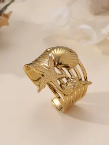 Women's Sculptural Shell Inspired Open Ring, Gold Tone Statement Band, Elegant Adjustable Fashion Jewelry