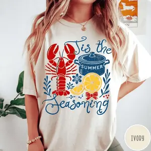 Women's Tis The Seasoning T-Shirt - Funny Retro Lightweight Smooth Coastal Style Essential Lobster Crawfish Boil Se Prem Relax Cotton T-Shirt