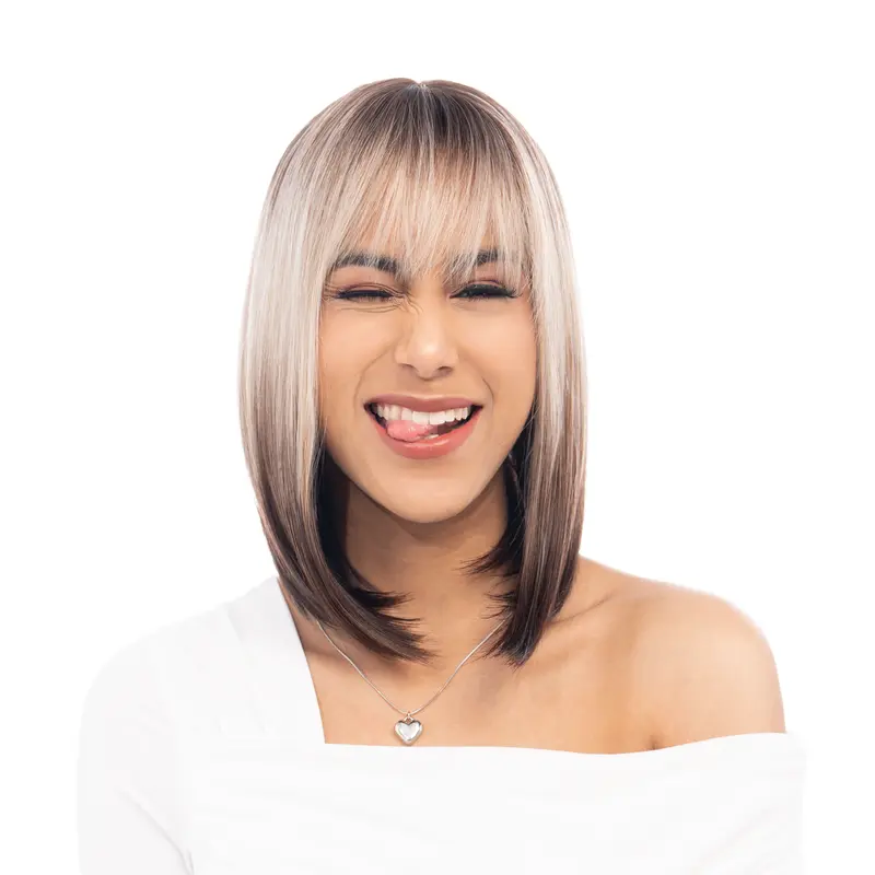 'THE LADY GRAY' 13-Inch Light Ash Blonde Reverse Ombré (Scorched Brown Roots) Straight Synthetic Wig | 【Heat Resistant】 【Cap Included】 | #41FSGA