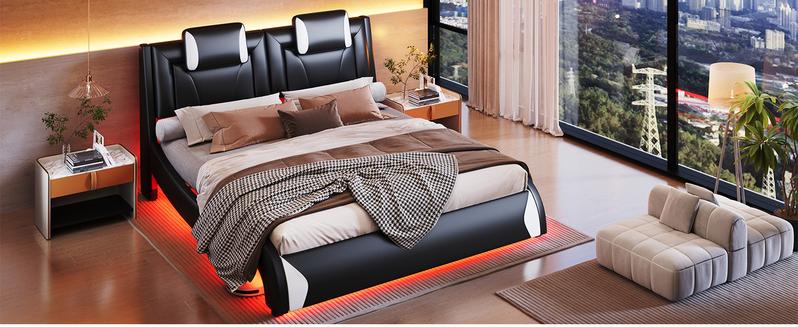 AMERLIFE Bed Frame with LED Lights, Remote&APP Control, Modern Faux Leather Upholstered Platform Bed with Headboard, Wave Like Curve Design, Safety&Comfy, No Box Spring Needed/Luxury Furniture/Full/Queen Size/Best Gift Ideas/Christmas Gifts