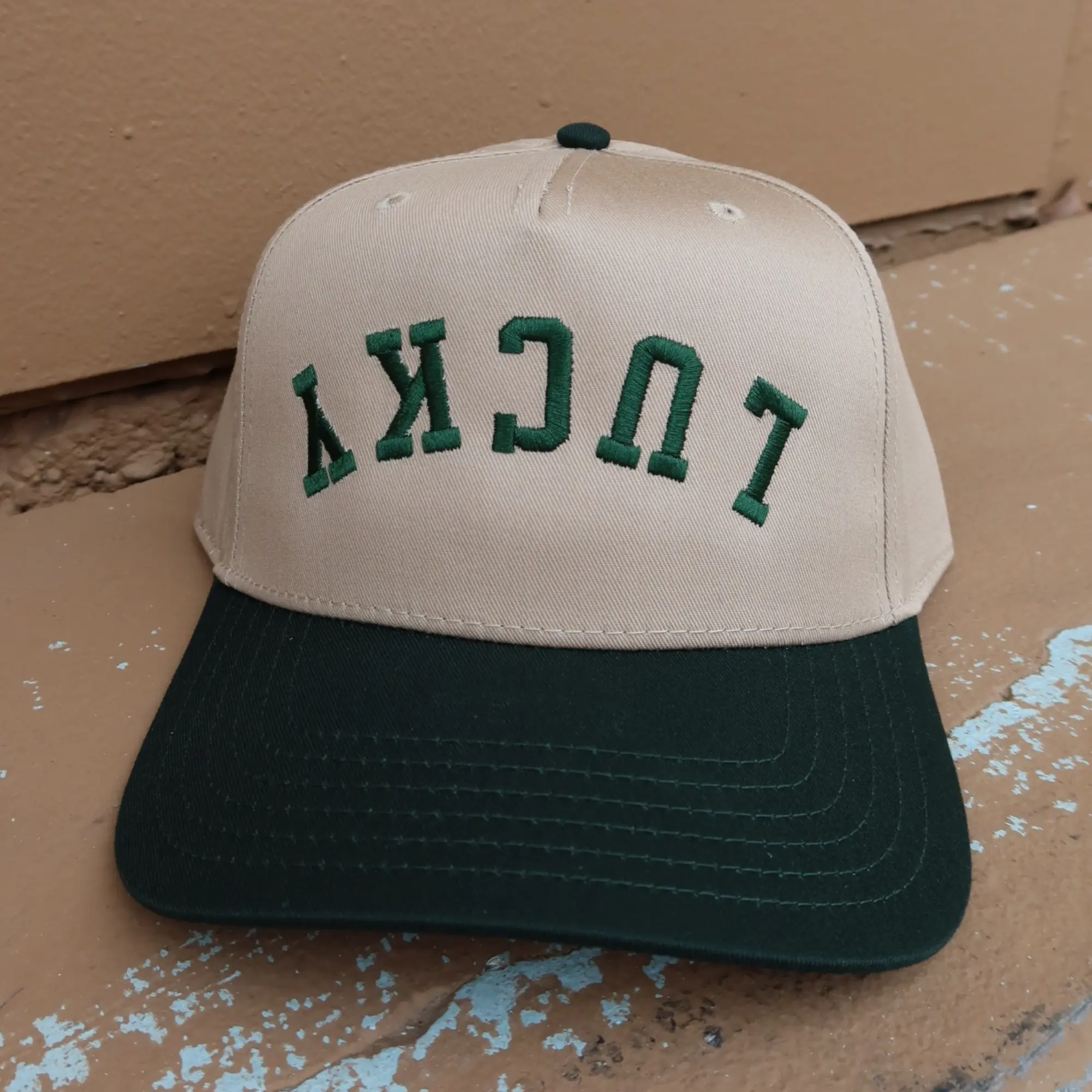Lucky Upside Down and Backwards Dark Green/Khaki Embroidered Vintage Trucker Hat