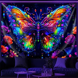 Vibrant Bohemian Butterfly Tapestry with UV Reactive Colors - 100% Polyester, Black Light Reactive Wall Hanging for Bedroom & Living Room Decor, Woven Design, No Power Needed