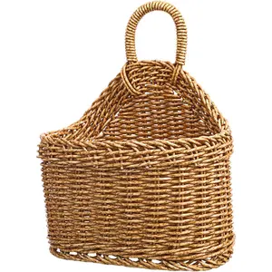 Small Wall  Wicker Storage Basket - Plastic Woven Basket Kitchen Organizing Storage for Garlic  Onion Fruits -  Pantry Wall Decor Housewarming, 9.3x7.5x4.7 Inch