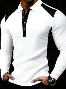 Men's Fashion Long Sleeve Henley Shirt, Fitted, Breathable Warmth, Patchwork Design, Button Neck, Suitable for Golf and Casual Wear