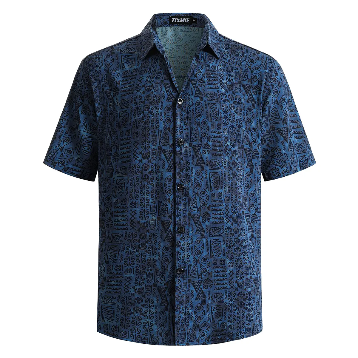 TIXMIE Men's Navy Blue Tribal Geometric Print Button‑Up Short Sleeve Shirt, Boho Ethnic Rayon Casual Summer Beach Holiday Top Tropical