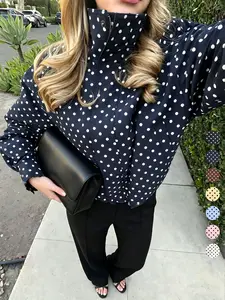 Women's Spring & Fall Fashion Chic Polka Dot Bubble Satin Jacket, High Neck Long Sleeve Zipper Outerwear, Loose Fit Casual Coat