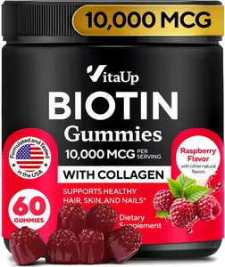 VitaUp Biotin Gummies 10000mcg with Collagen for Women - 60 Raspberry Flavor Gummies for Healthy Hair Skin & Nails - Israel Formulated USA Based Healthcare Dietary Supplement