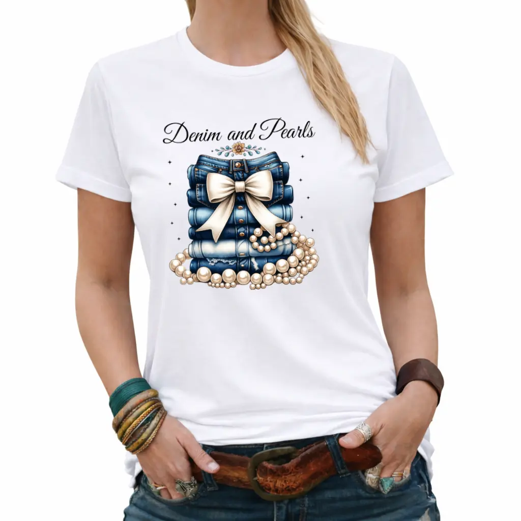 Women's Denim Pearl Print Crew Neck Short Sleeve Shirt |   Casual and stylish top, fashionable women's clothing, ideal for birthdays and holiday gifts, a summer must-have.