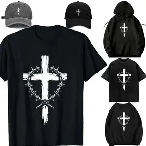 Oversize Acid Wash,Hooded sweatshirtt,Transfer，long-sleeved T-shirt-DIY-Unisex-Hat-Christian Cross Punk Art Style Crown of Thorns Jesus Christ T-Shirt