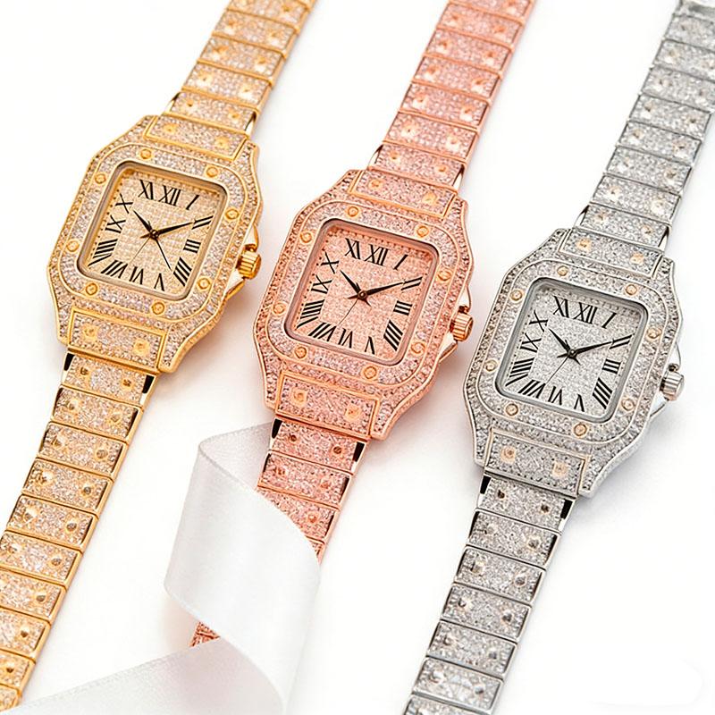 AIMANA Stylish Full-Diamond Square Watch – Sparkling crystal design, Roman numeral dial, high-quality quartz movement, suitable for parties and everyday wear, an ideal holiday gift.