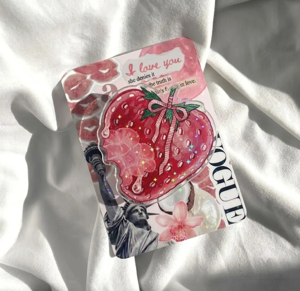 Pink Strawberry Phone Grip with Bite Mark and Ribbon Bow, Cute Fruity Phone Accessory, Coquette Style Holder, Sweet Gift for Girls, Teens, Women and Berry Lovers