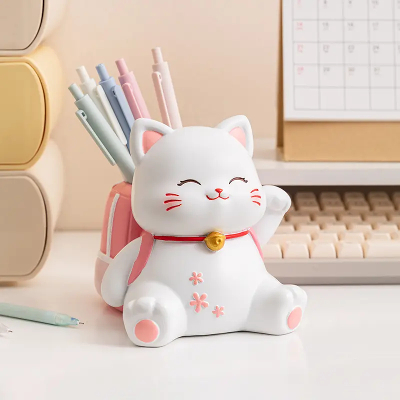Cute Cat Pen Holder Desk Organizer, Creative Resin Animal Pencil Box for Office Home School Decor, Perfect Gift for Students & Teachers