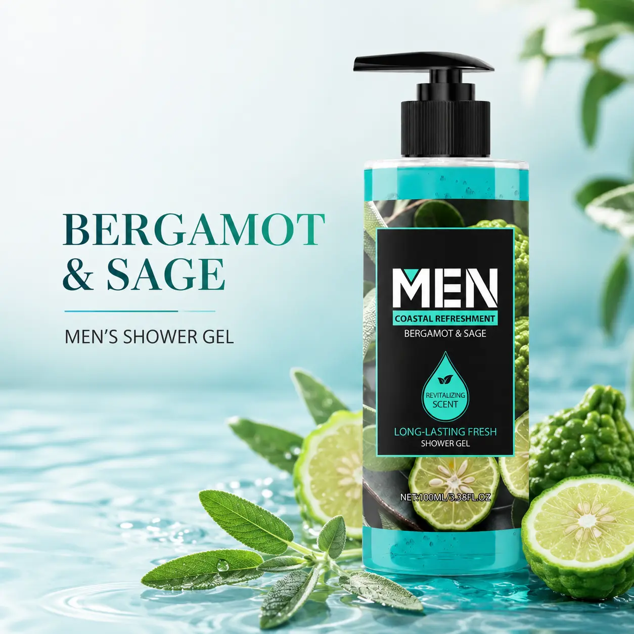 Men’s Bergamot & Sage Body Wash 100 mL – Light Gel Shower Cleanser with Fresh Scent and Easy-Rinse Texture for Daily Use at Home, Gym or Travel