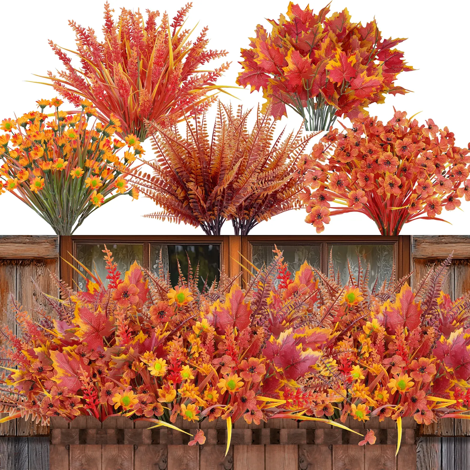 Fall Decor 16 Bundles 5 Styles Artificial Fall Flowers, UV Resistant No Fade Fake Mums Boston Fern Orange Daisy Maple Leaf Picks, Thanksgiving Decor for Outdoor Indoor Porch Patio Planters Window Boxes Garden Home