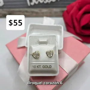 10 KT. Gold Broquel Corazón 6 Heart-Shaped Stud Earrings with Sparkling CZ Stones $55