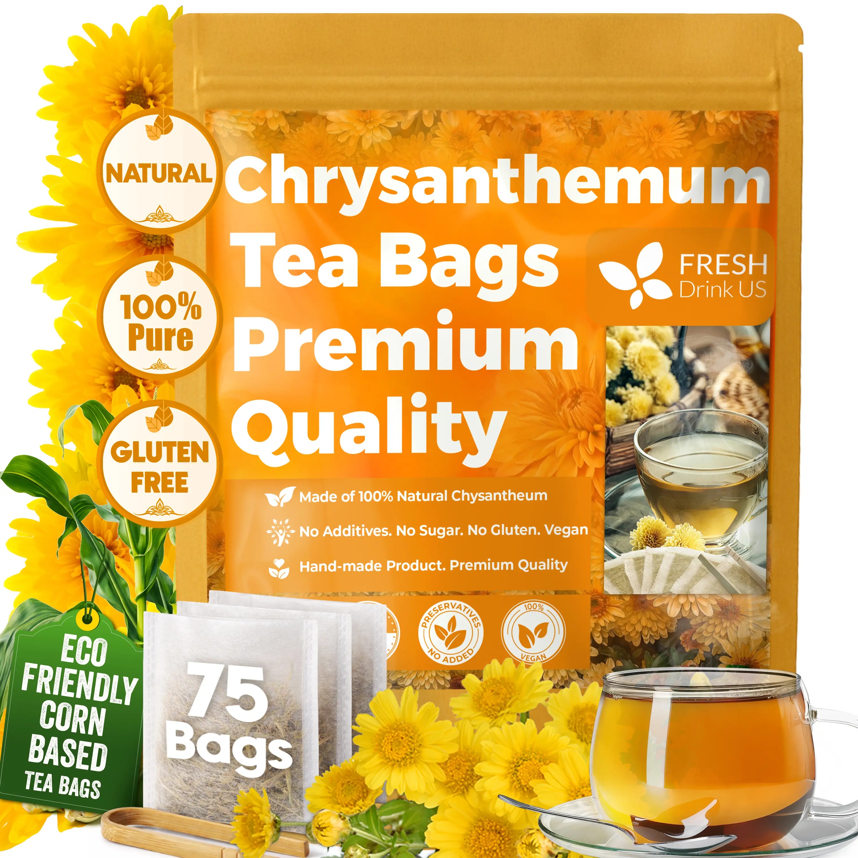 FreshDrinkUS Premium 75 Chrysanthemum Flower Tea Bags, 100% Natural and Pure, Eco-conscious Tea Bags. Herbal Tea. No Sugar, No Caffeine, No Gluten, Vegan
