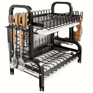 Kitchen Organizer with Drainage System - Dish Drainer, Dish Racks, Multifunctional Tableware Storage Rack, Durable Carbon Steel Material, Double-Layer Design with Knife Holder and Cutting Board Storage