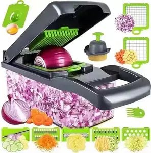 14-in-1 Stainless Steel Vegetable Chopper & Onion Slicer, Multi-Functional Mandolin Slicer with Container for Dicing, Grating Carrots, Garlic, Gray Kitchen Utensil