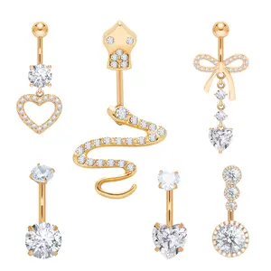 Sparkling CZ Belly Button Ring – Hypoallergenic ,316L Surgical Steel & Ultra Sparkling Rhinestones,Cute Little Snake, Heart, and Bow Elements,Body Jewellery for Women & Girls