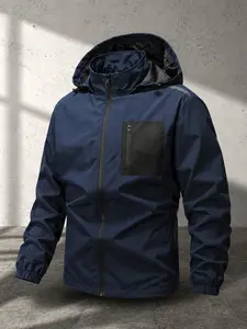 Men's Windproof Hooded Zipper Jacket, Durable Breathable Fabric, Adjustable Drawstring Hood, Colorblock Pockets, Reflective Strips, All Seasons