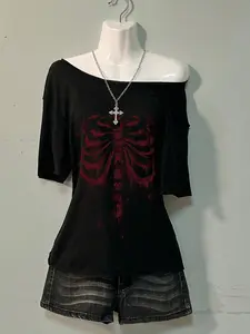 Women's Summer Short Sleeve Asymmetrical Shoulder Top, Casual Comfortable Bone Print Tee, Essential Wardrobe Must-Have Loungewear