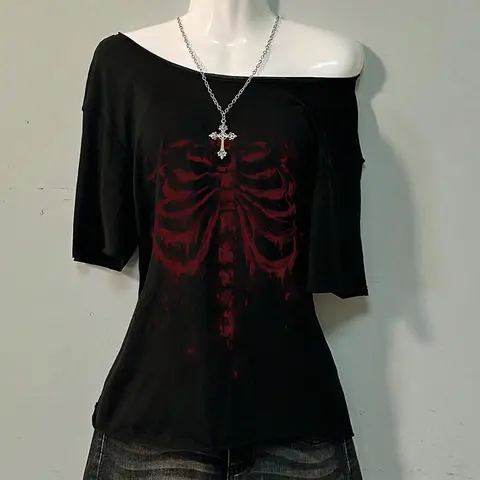 Women's Y2K Short Sleeve Loose Asymmetrical Shoulder Top, Casual Comfortable, Bone Print & Floral Embroidery, Essential Wardrobe Piece