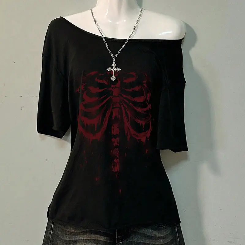 Women's Y2K Short Sleeve Loose Asymmetrical Shoulder Top, Casual Comfortable, Bone Print & Floral Embroidery, Essential Wardrobe Piece