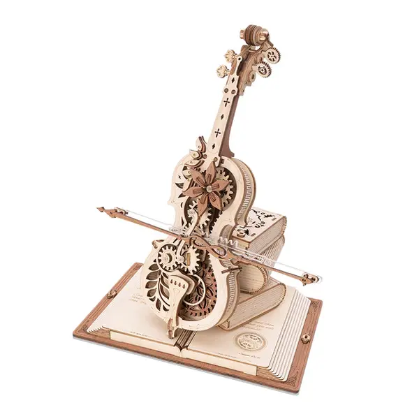 ROKR DIY Wooden Puzzle 3D Cello Music Box Kit - Self-Assembly Wood Model, Retro Aesthetic, Automatic Rotation, Background Music, European Pattern, Mysterious Magic Ancient Book Shape, 9.2(L)x8.1(W)x7.3(H)in STEM Toy for Kids, Instruction Booklet