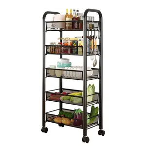 Kitchen Trolley Fruit Basket On Wheels, 5 Tier Vegetable Basket with 360° Casters, Metal Rolling Storage Cart for Living Room, Laundry, Garage