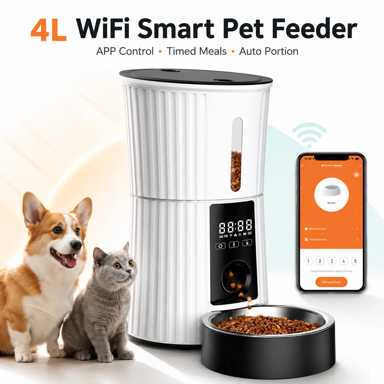 Furlyn 4L WiFi Remote Smart Pet Food Feeder for Cats & Dogs - Stainless Steel Components, Lid, App Control, Programmable Meals, Auto Portions, Anti-Jamming Sensor, Freshness Lock